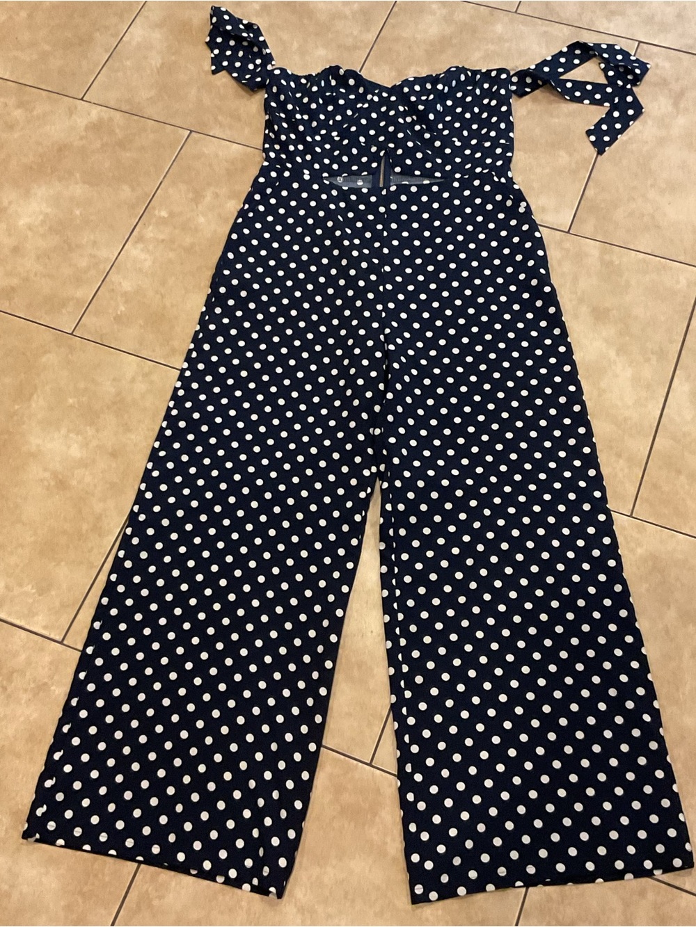 Fashion Nova Navy White Polka Dot Off-Shoulder Wide-Leg Jumpsuit